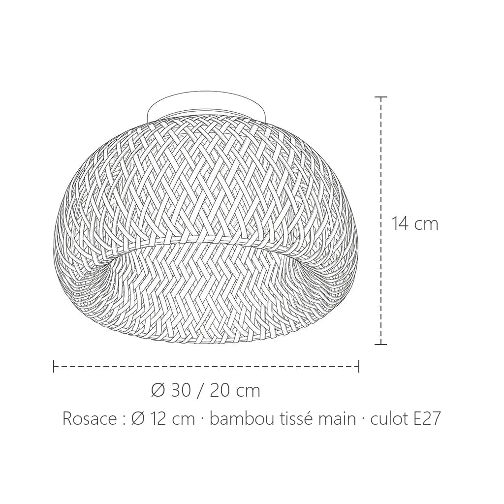 Dimensions du plafonnier coupole en bambou : Ø 20 ou 30 cm, 14 cm de haut