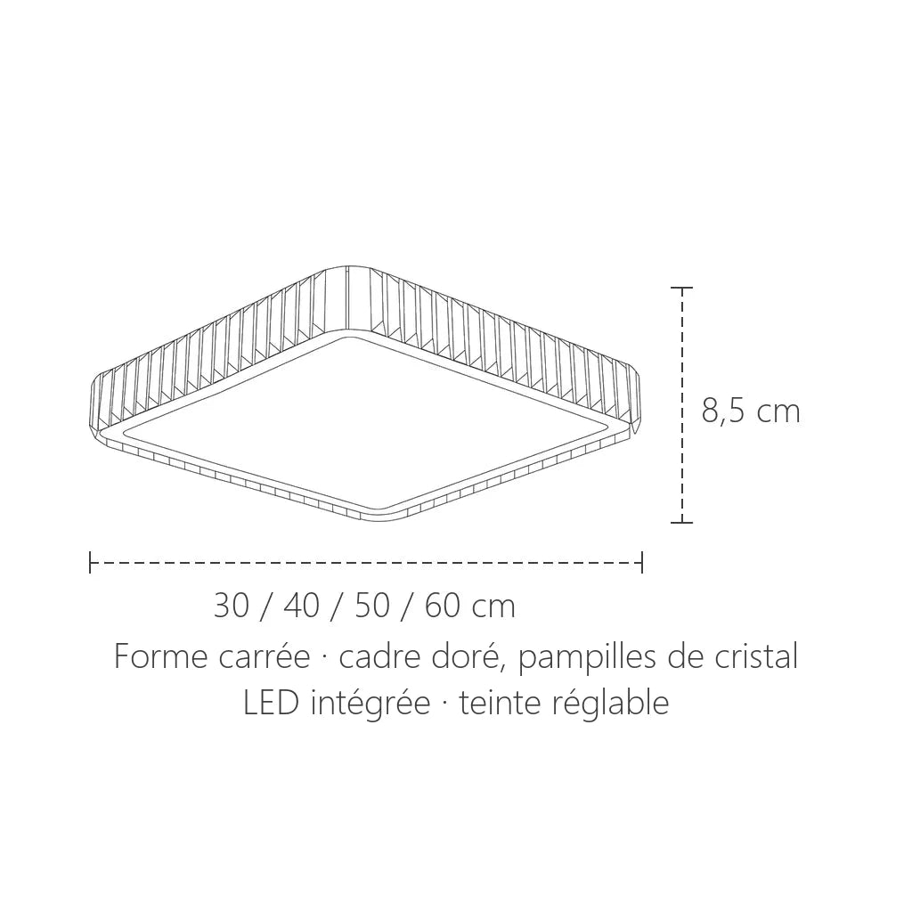 Dimensions du plafonnier cristal carré : 30 à 60 cm, 8,5 cm de haut