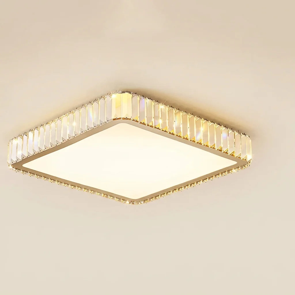 Plafonnier cristal carré à cadre doré
