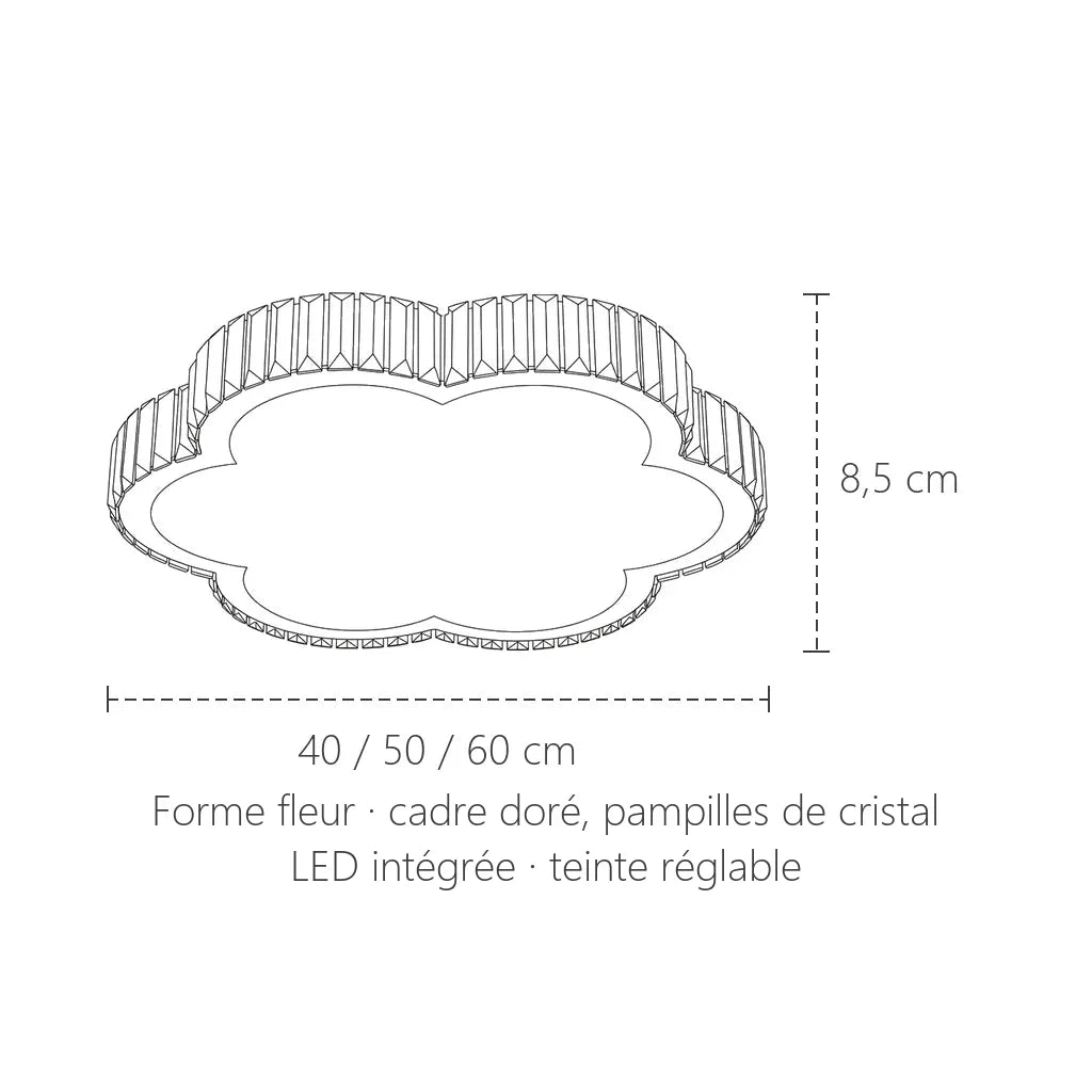 Dimensions du plafonnier cristal fleur : 40 à 60 cm, 8,5 cm de haut