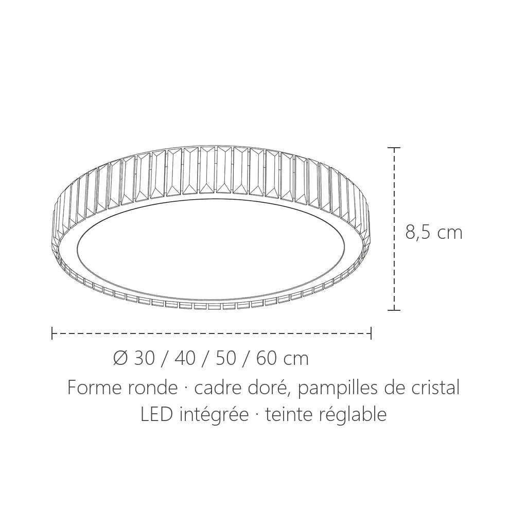 Dimensions du plafonnier cristal rond : Ø 30 à 60 cm, 8,5 cm de haut