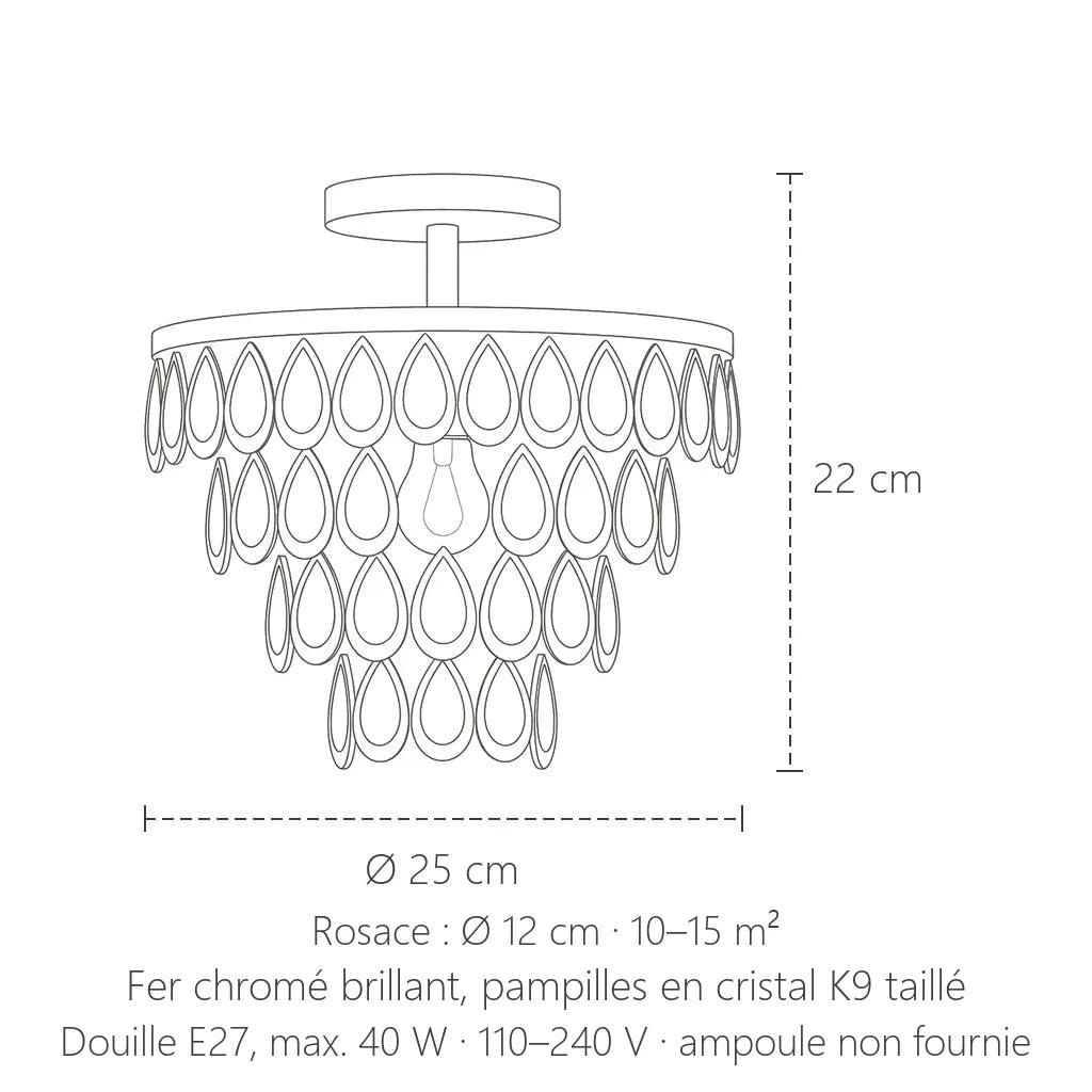 Dimensions du plafonnier à pampilles en cristal : Ø 25 cm, hauteur 22 cm