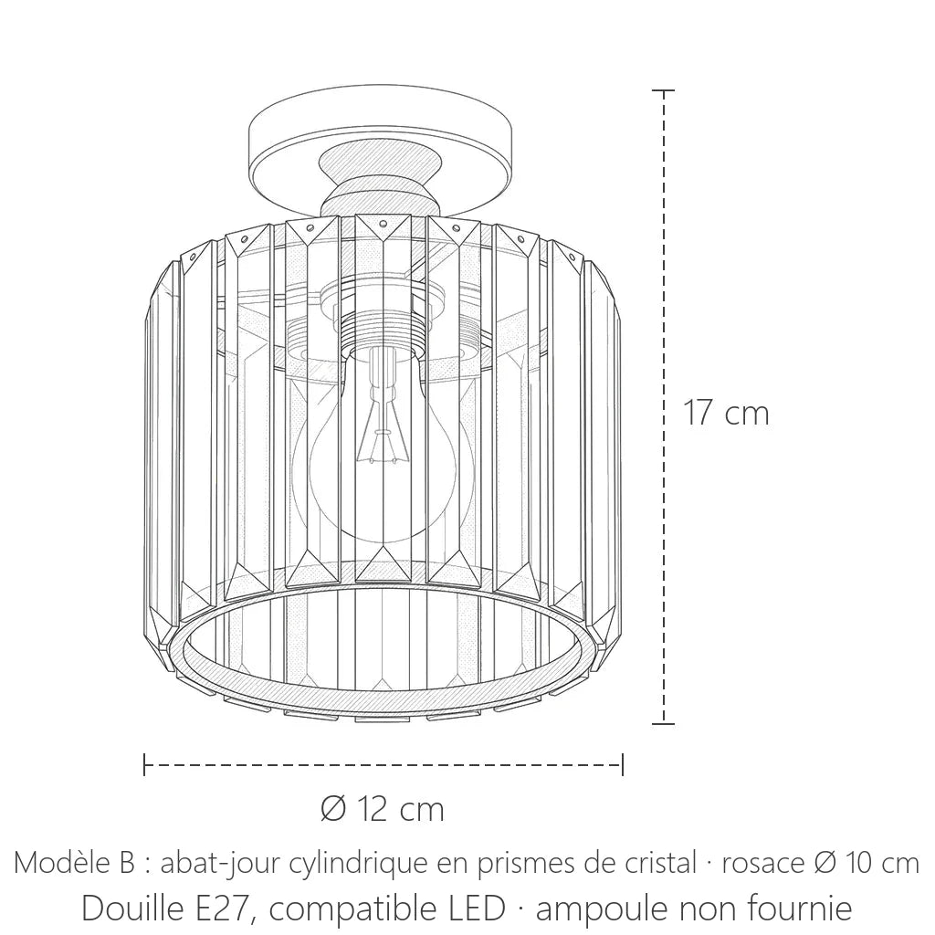 Dimensions du plafonnier cristal modèle B cylindrique : Ø 12 cm, 17 cm de haut