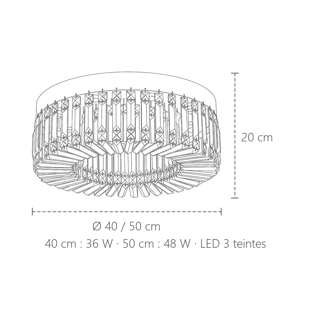 Dimensions du plafonnier en cristal rond : Ø 40 ou 50 cm, hauteur 20 cm