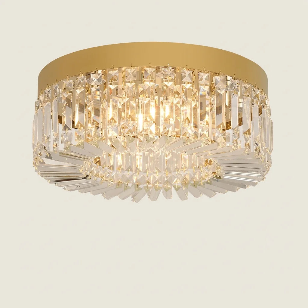 Plafonnier rond en cristal, cadre doré