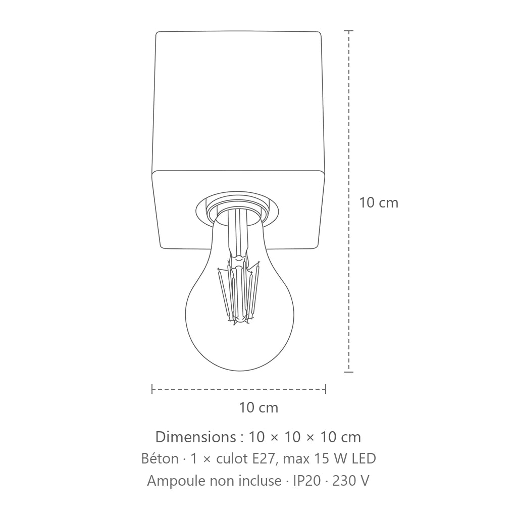 Dimensions : plafonnier cube en béton minimaliste, 10 × 10 × 10 cm