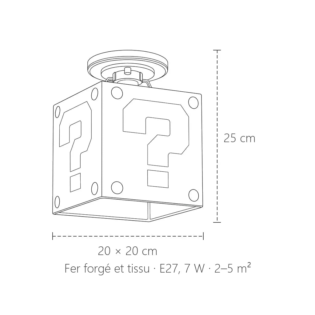 Dimensions du plafonnier cube point d’interrogation : 20 × 20 cm, 25 cm de haut