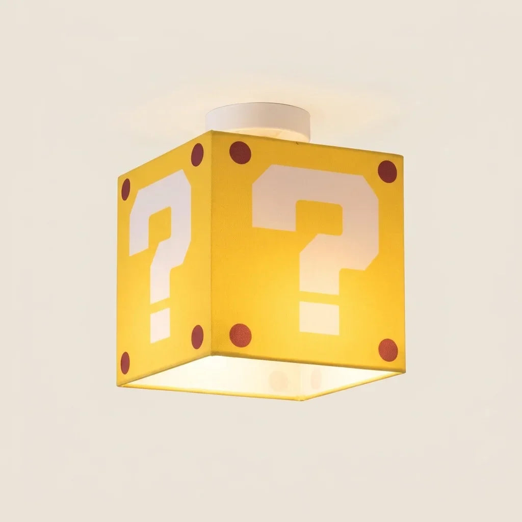 Plafonnier cube jaune à points d’interrogation pour chambre d’enfant