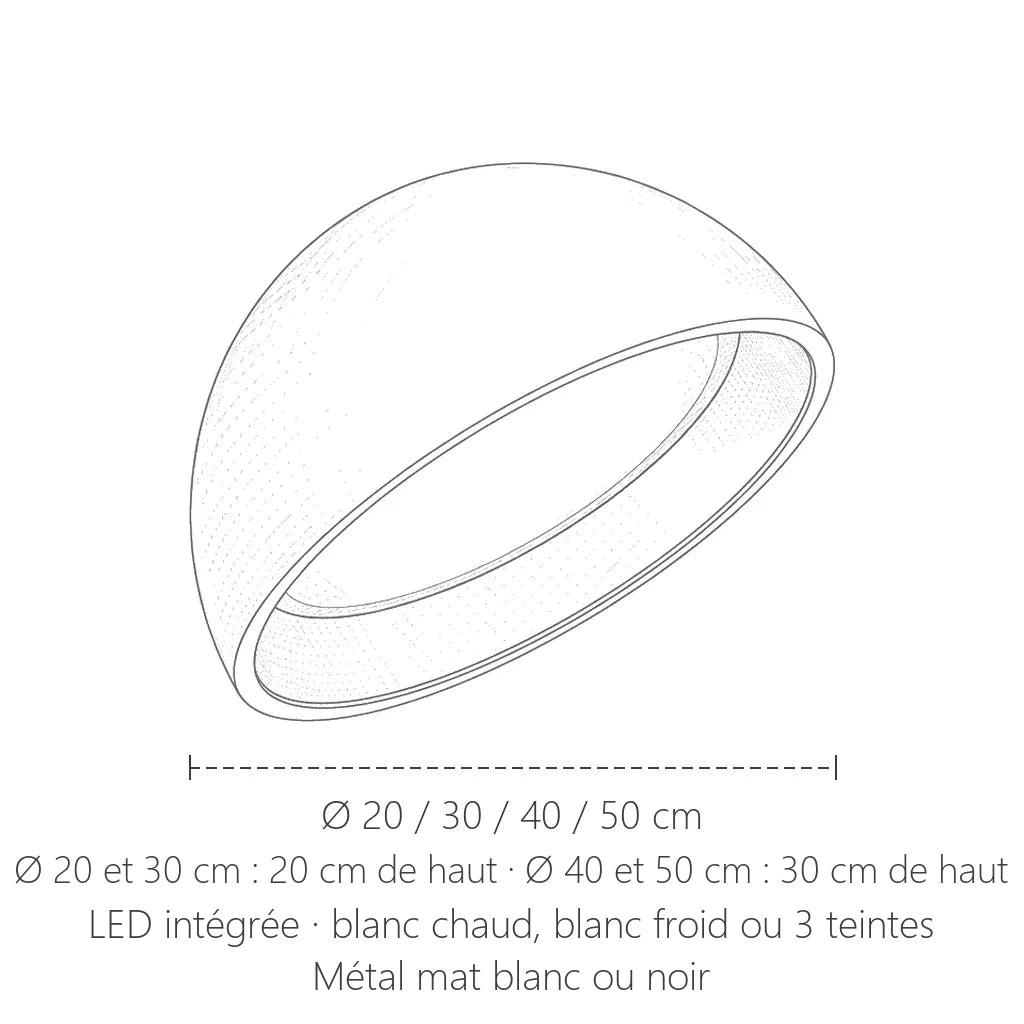 Dimensions du plafonnier demi-sphère inclinée : Ø 20 à 50 cm