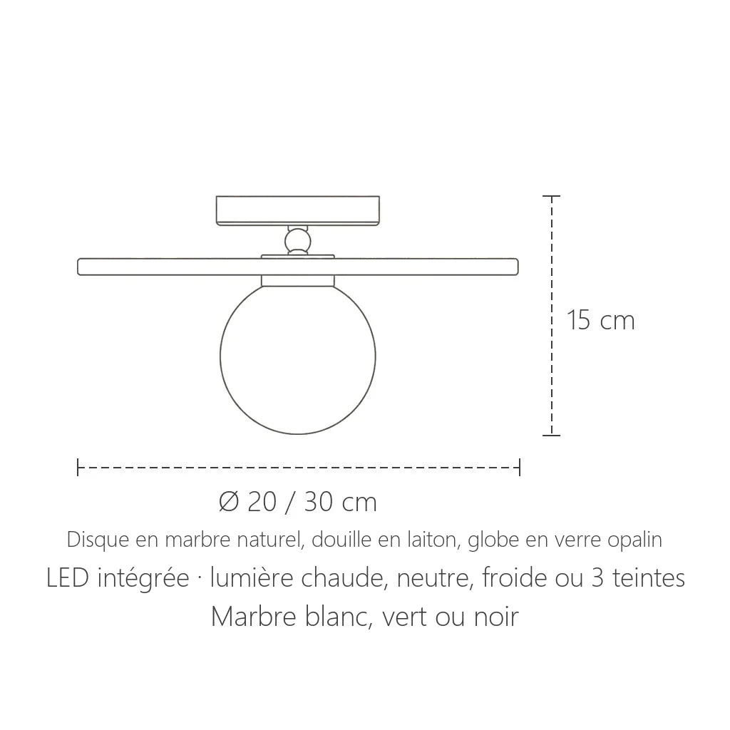 Dimensions du plafonnier disque en marbre et globe opalin : Ø 20 ou 30 cm, hauteur 15 cm