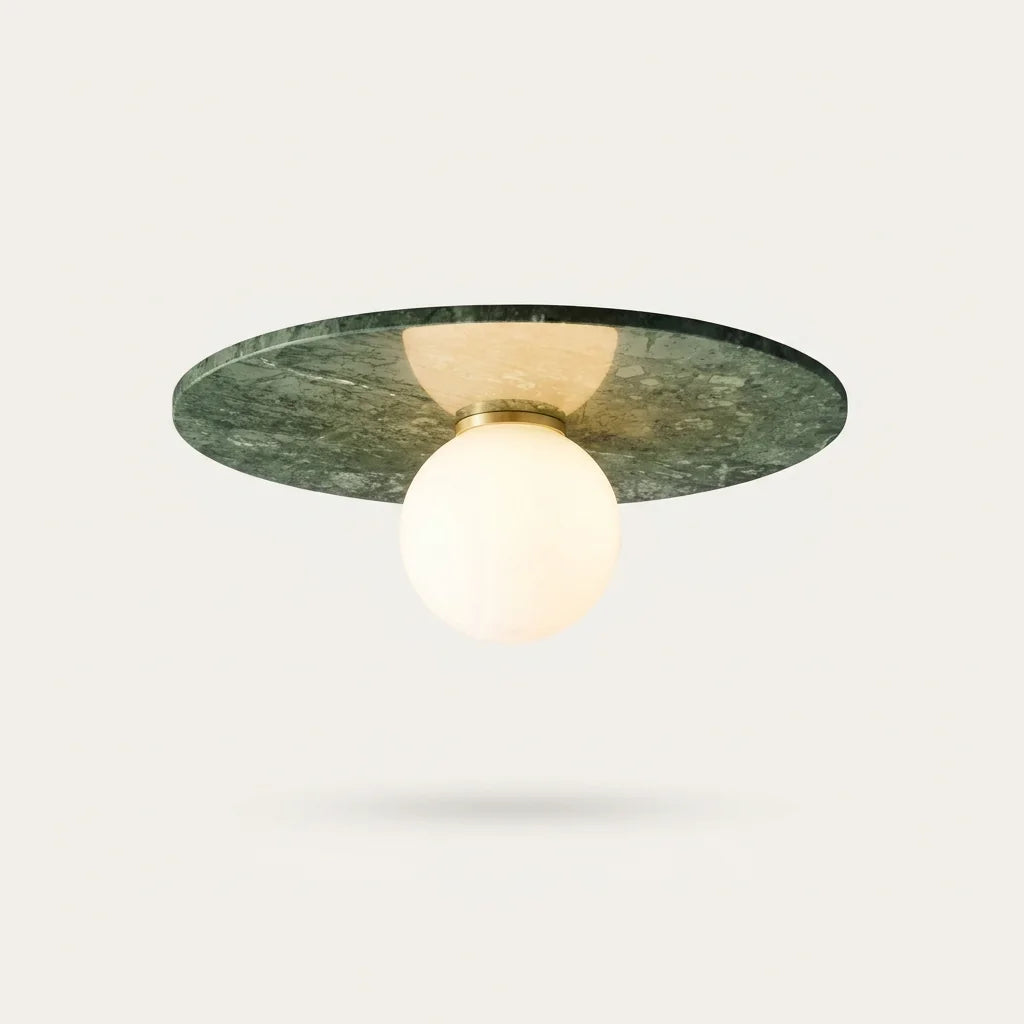 Plafonnier disque en marbre vert et globe opalin