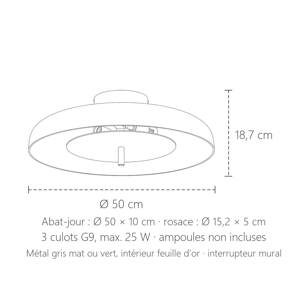 Dimensions du plafonnier disque feuille d’or : Ø 50 cm, 18,7 cm de haut