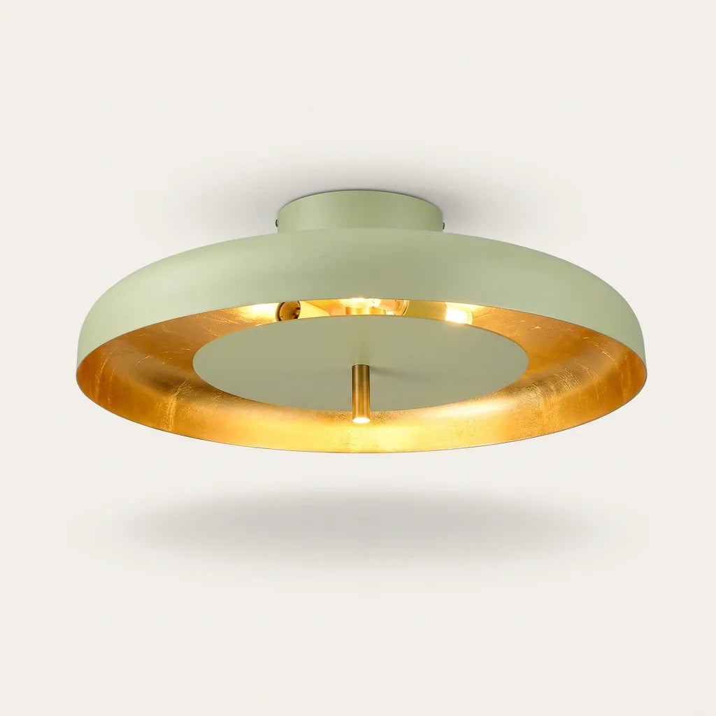 Plafonnier disque vert sauge à intérieur feuille d’or