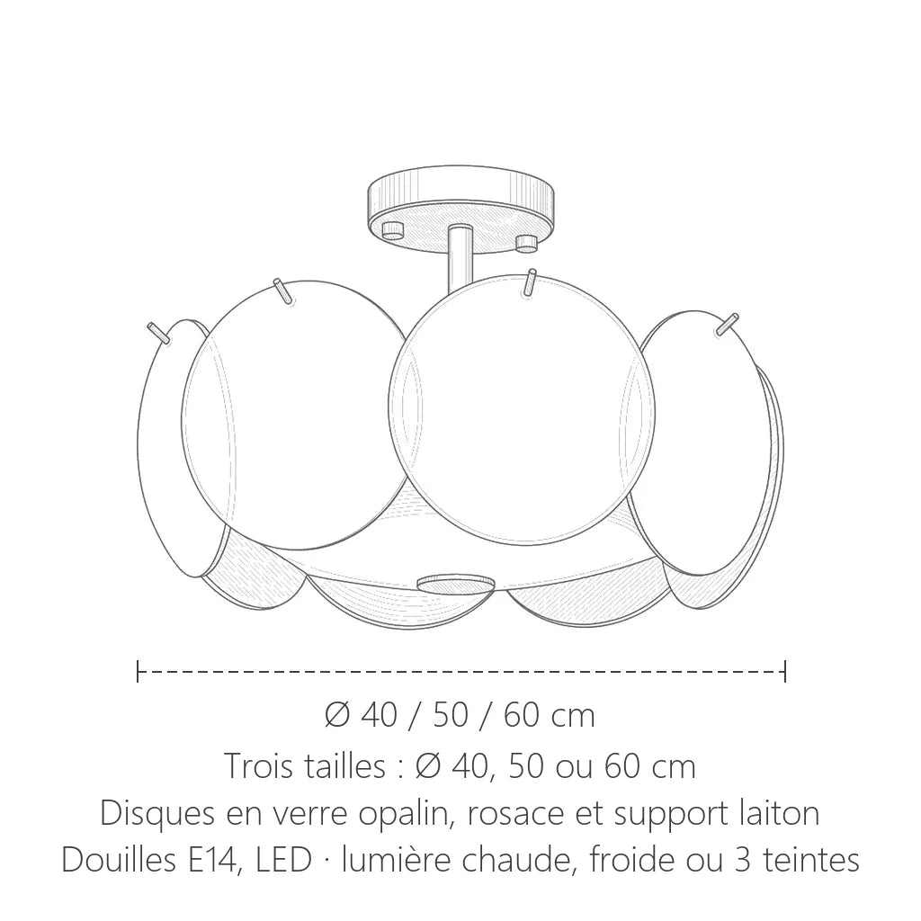Dimensions du plafonnier disques en verre opalin : Ø 40, 50 ou 60 cm