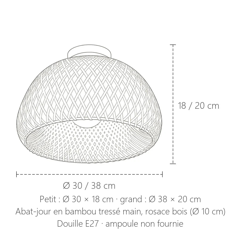 Dimensions du plafonnier dôme en bambou tressé : Ø 30 ou 38 cm, hauteur 18 ou 20 cm