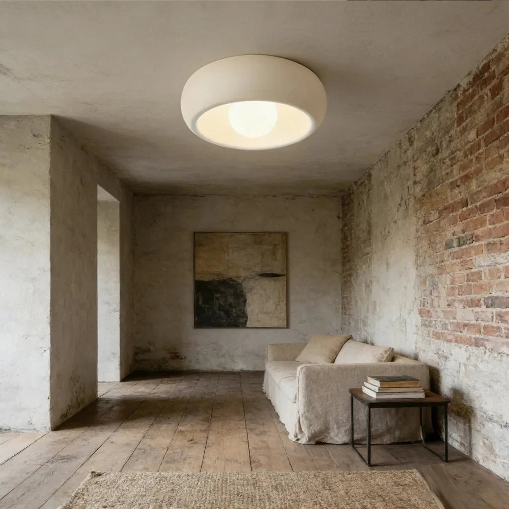Plafonnier dôme dans un salon avec mur de briques