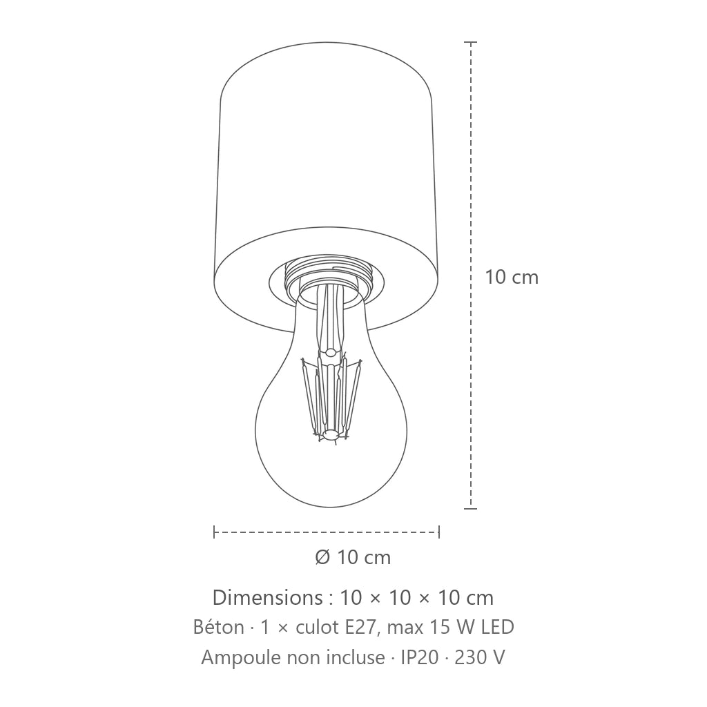 Dimensions : plafonnier douille béton minimaliste, 10 × 10 × 10 cm