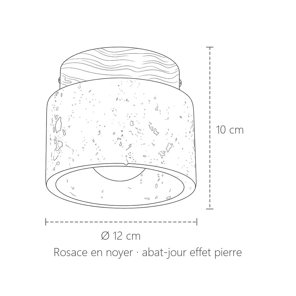 Dimensions du plafonnier effet pierre noire : Ø 12 cm, hauteur 10 cm