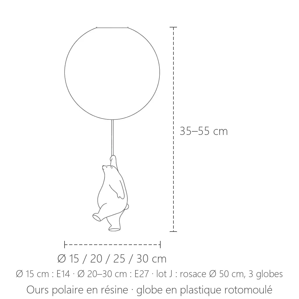 Dimensions du plafonnier enfant ours polaire : Ø 15 à 30 cm, hauteur 35 à 55 cm