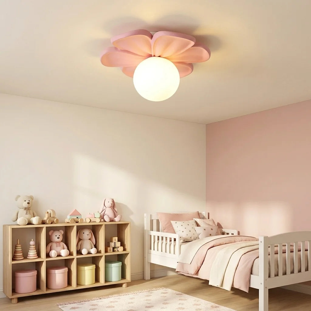 Plafonnier fleur rose dans une chambre d’enfant joyeuse