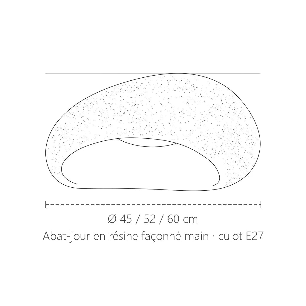 Dimensions du plafonnier galet en résine : Ø 45, 52 ou 60 cm