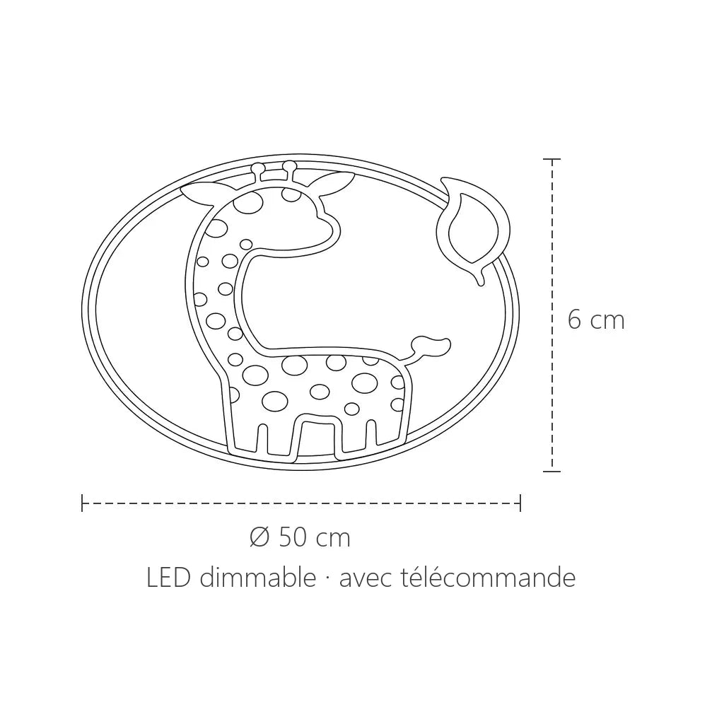 Dimensions du plafonnier girafe pour chambre d’enfant : Ø 50 cm, 6 cm de haut