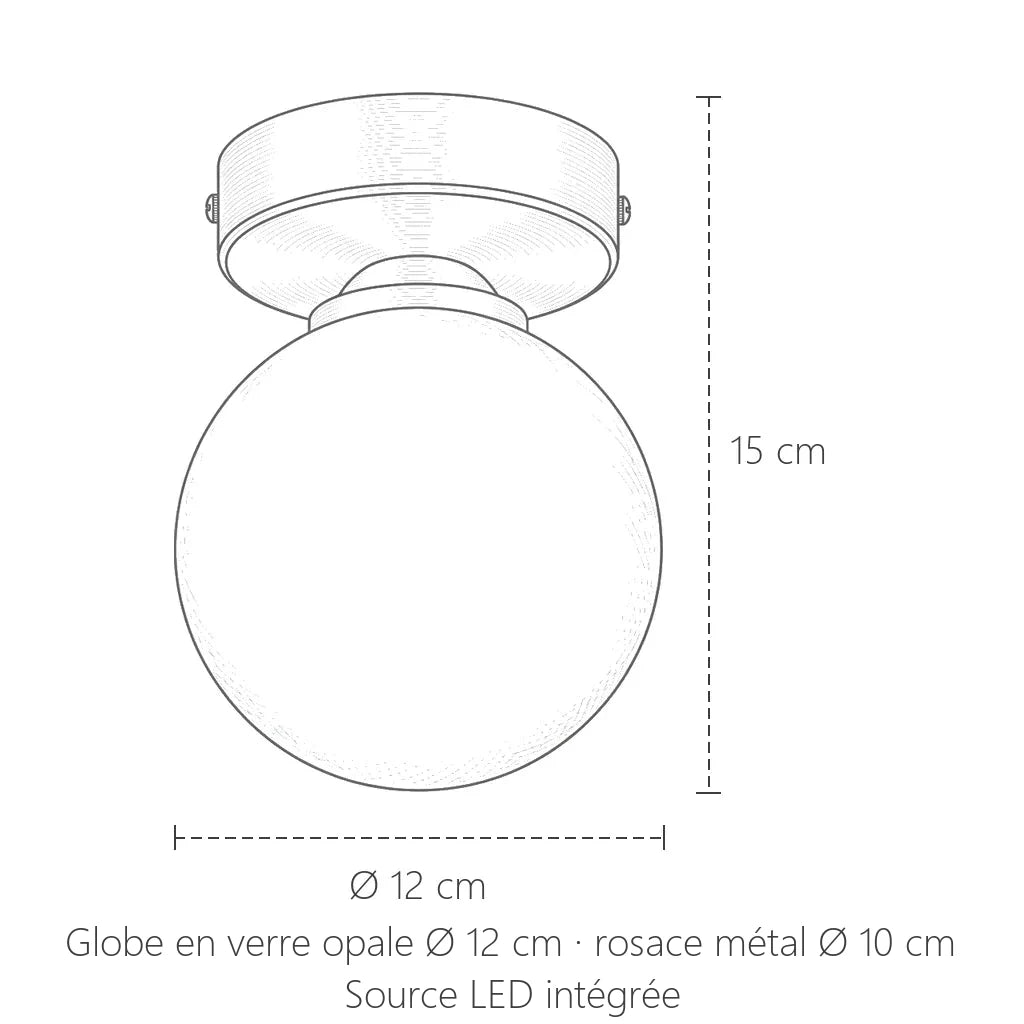 Dimensions du plafonnier globe opale : Ø 12 cm, 15 cm de haut