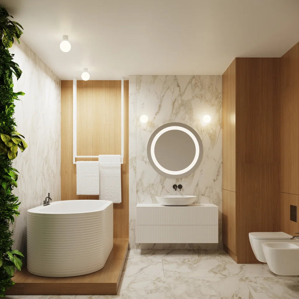 Plafonnier globe opale sur cylindre cannelé dans une salle de bain