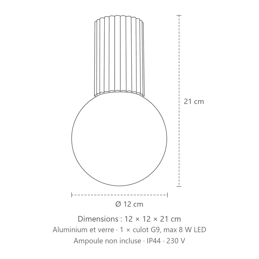 Dimensions : plafonnier globe opale sur cylindre cannelé, 12 × 12 × 21 cm