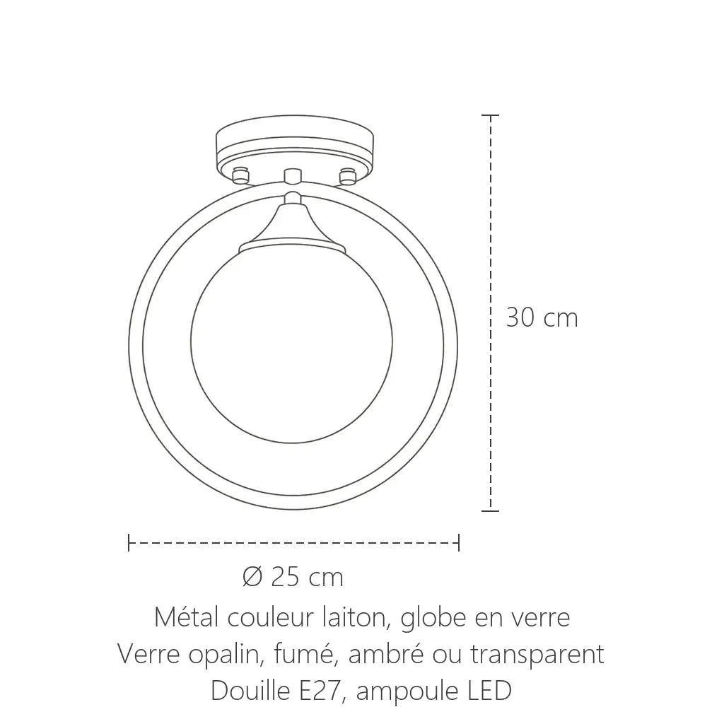 Dimensions du plafonnier globe en verre à anneau modèle B : Ø 25 cm, 30 cm de haut