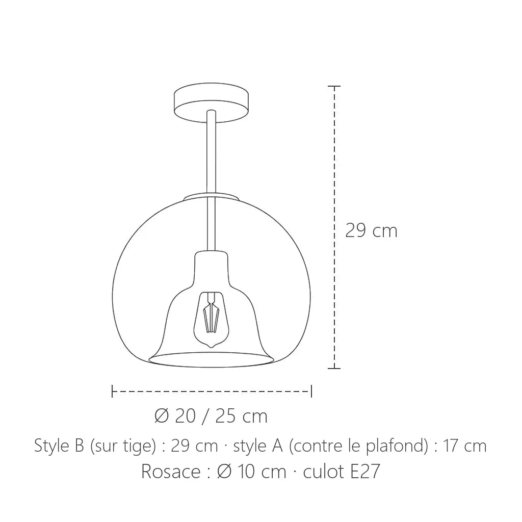 Dimensions du plafonnier globe en verre : Ø 20 ou 25 cm, 17 ou 29 cm de haut