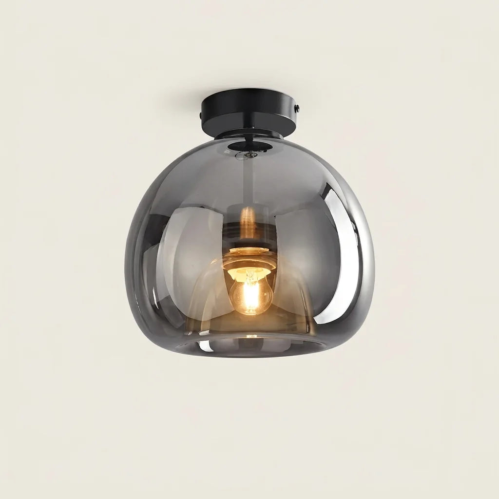 Plafonnier globe en verre fumé contre le plafond, rosace noire