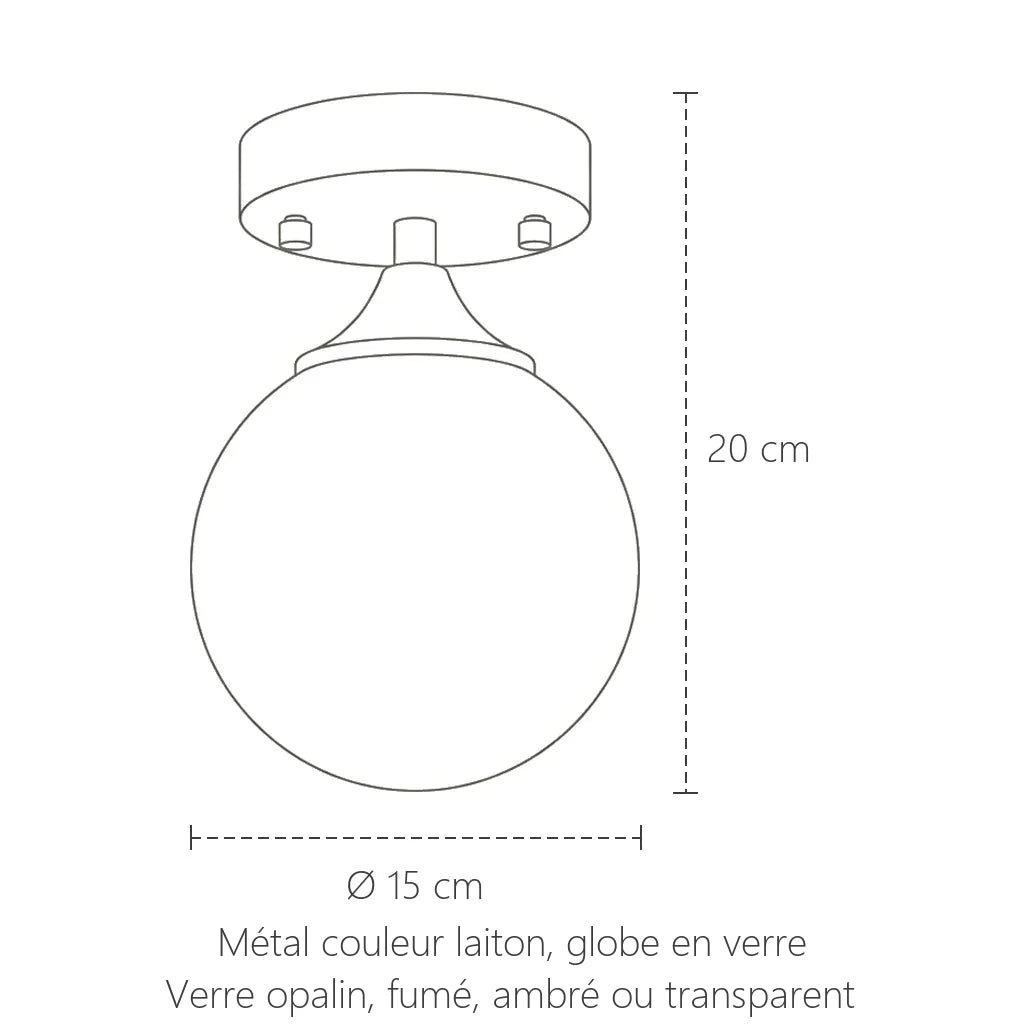 Dimensions du plafonnier globe en verre modèle A : Ø 15 cm, 20 cm de haut