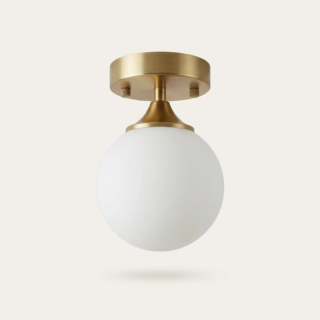 Plafonnier modèle A, monture laiton et globe en verre opalin