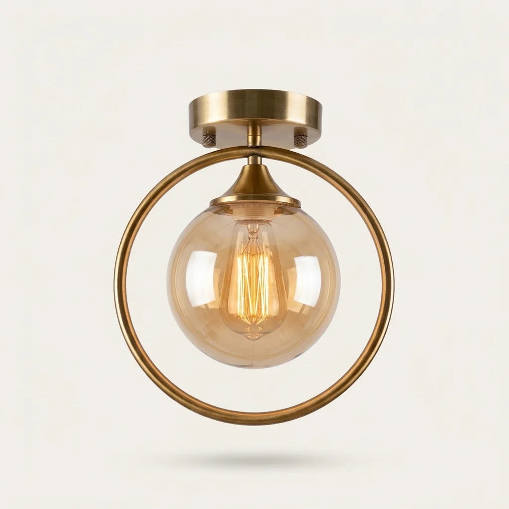 Plafonnier modèle B à anneau laiton, globe ambré