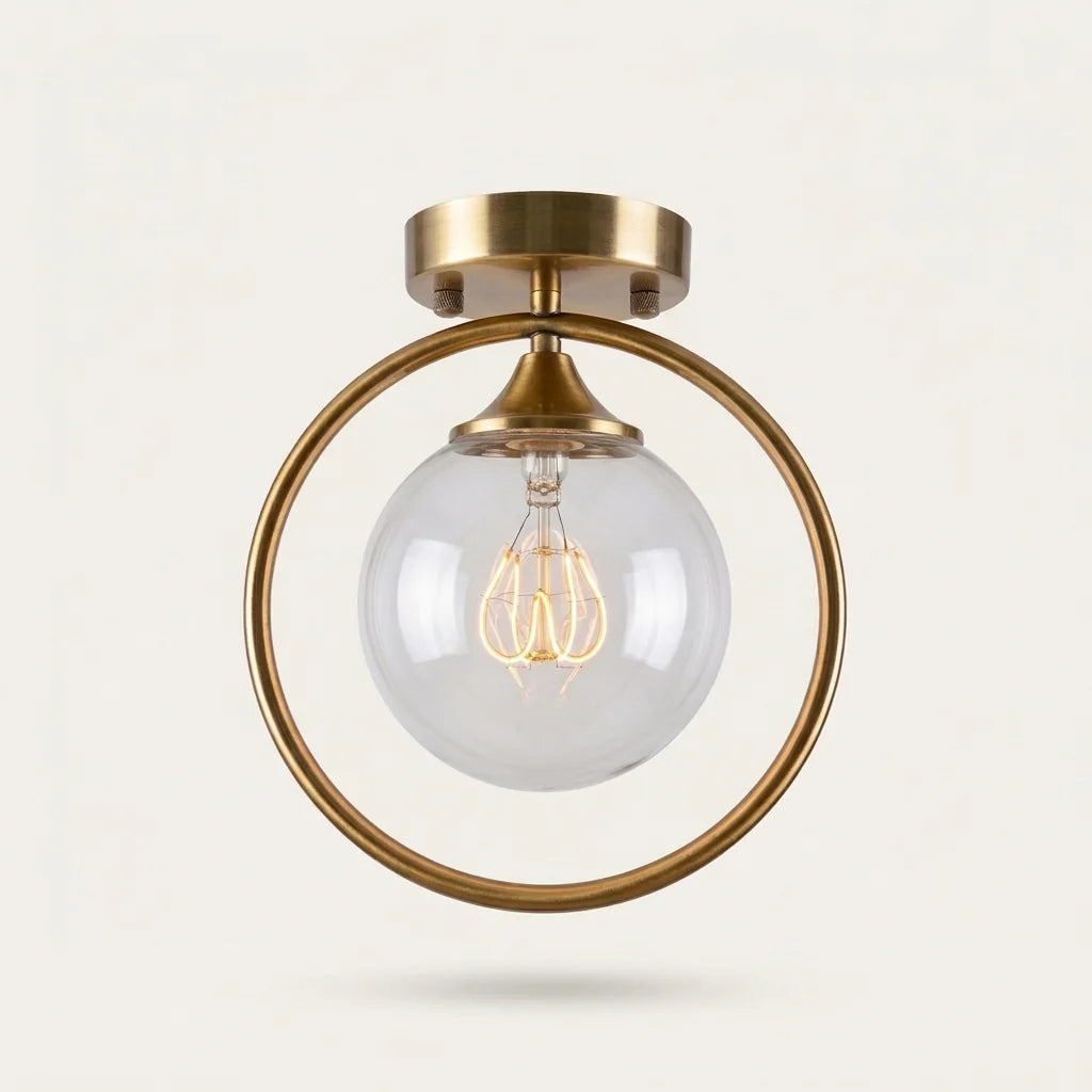 Plafonnier modèle B à anneau laiton, globe transparent