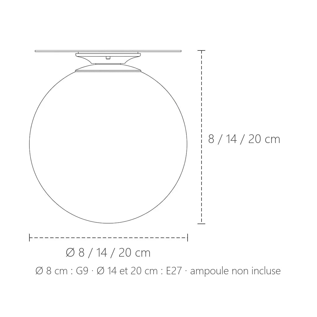 Dimensions du globe en verre opalin : Ø 8, 14 ou 20 cm