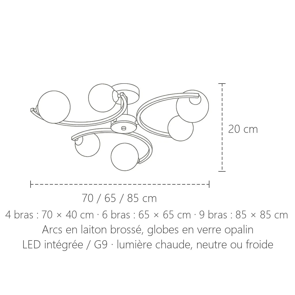 Dimensions du plafonnier globes et arcs laiton : 70, 65 ou 85 cm, hauteur 20 cm