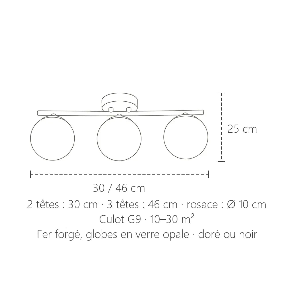 Dimensions du plafonnier à globes opale : 30 ou 46 cm, 25 cm de haut