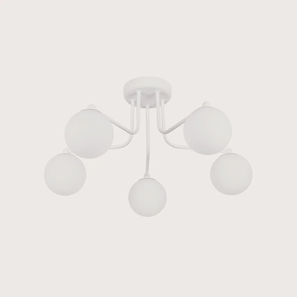 Plafonnier globes opalins sur bras coudés, coloris blanc (5 lumières)