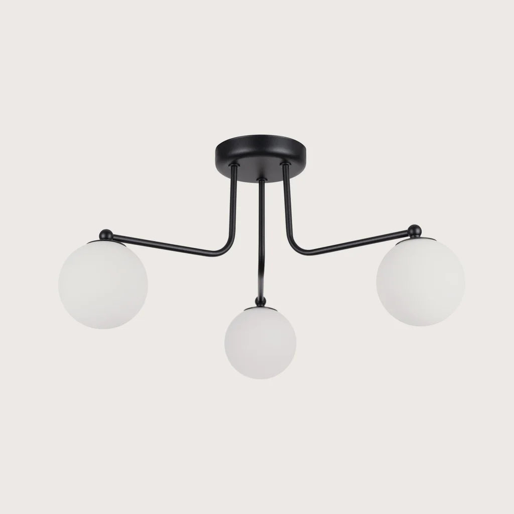 Plafonnier globes opalins sur bras coudés, coloris noir et blanc (3 lumières)