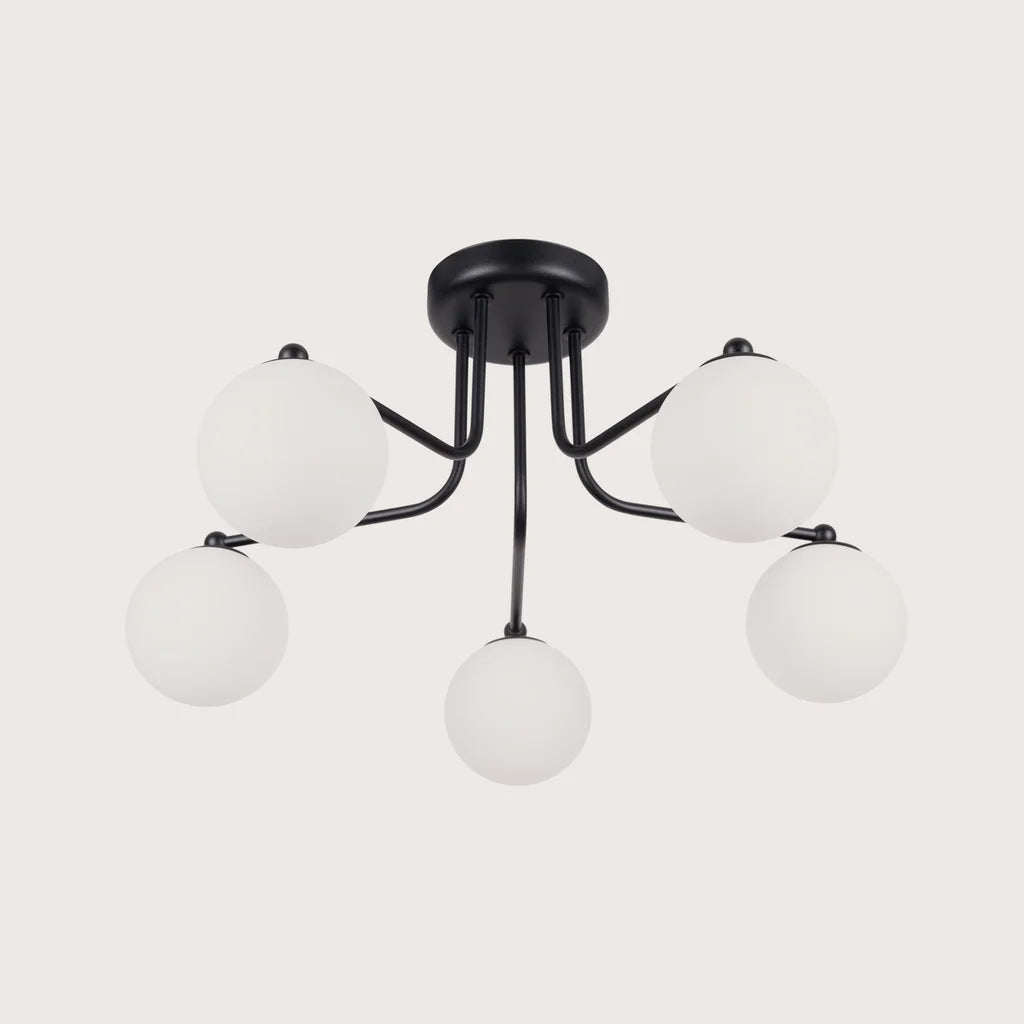 Plafonnier globes opalins sur bras coudés, coloris noir et blanc (5 lumières)