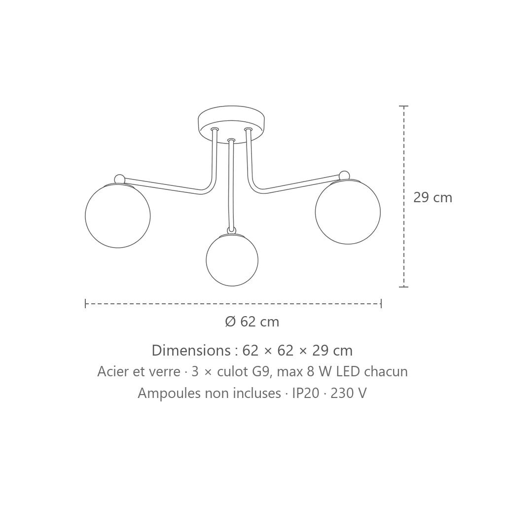 Dimensions : plafonnier globes opalins sur bras coudés (3 lumières), 62 × 62 × 29 cm