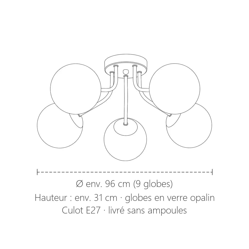 Dimensions du plafonnier à globes opalins : Ø env. 96 cm, 31 cm de haut