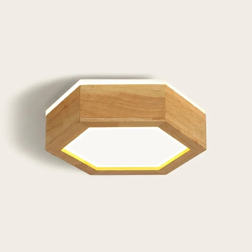 Plafonnier LED hexagonal en bois avec halo supérieur, modèle A