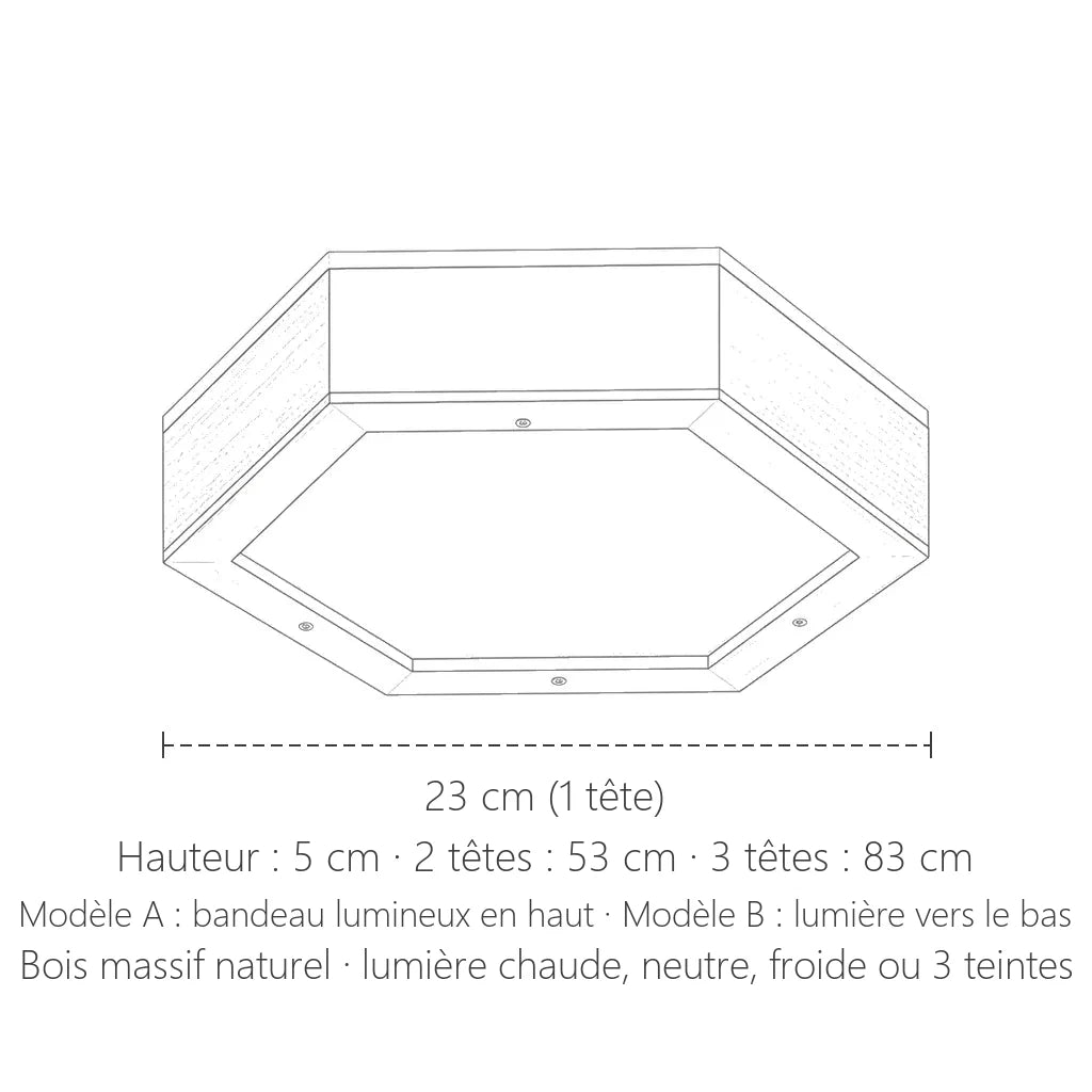 Dimensions du plafonnier hexagonal en bois : 23, 53 ou 83 cm, hauteur 5 cm