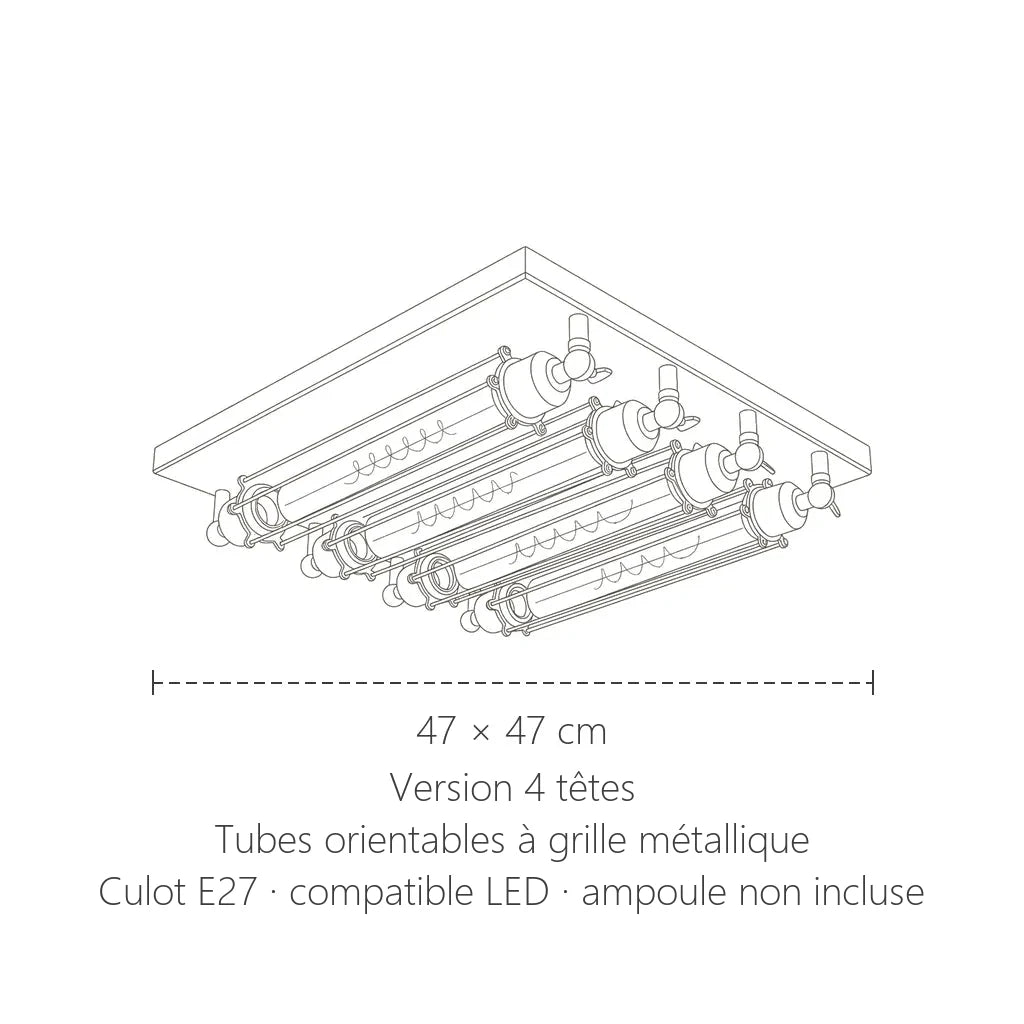 Dimensions du plafonnier industriel à 4 tubes : 47 × 47 cm