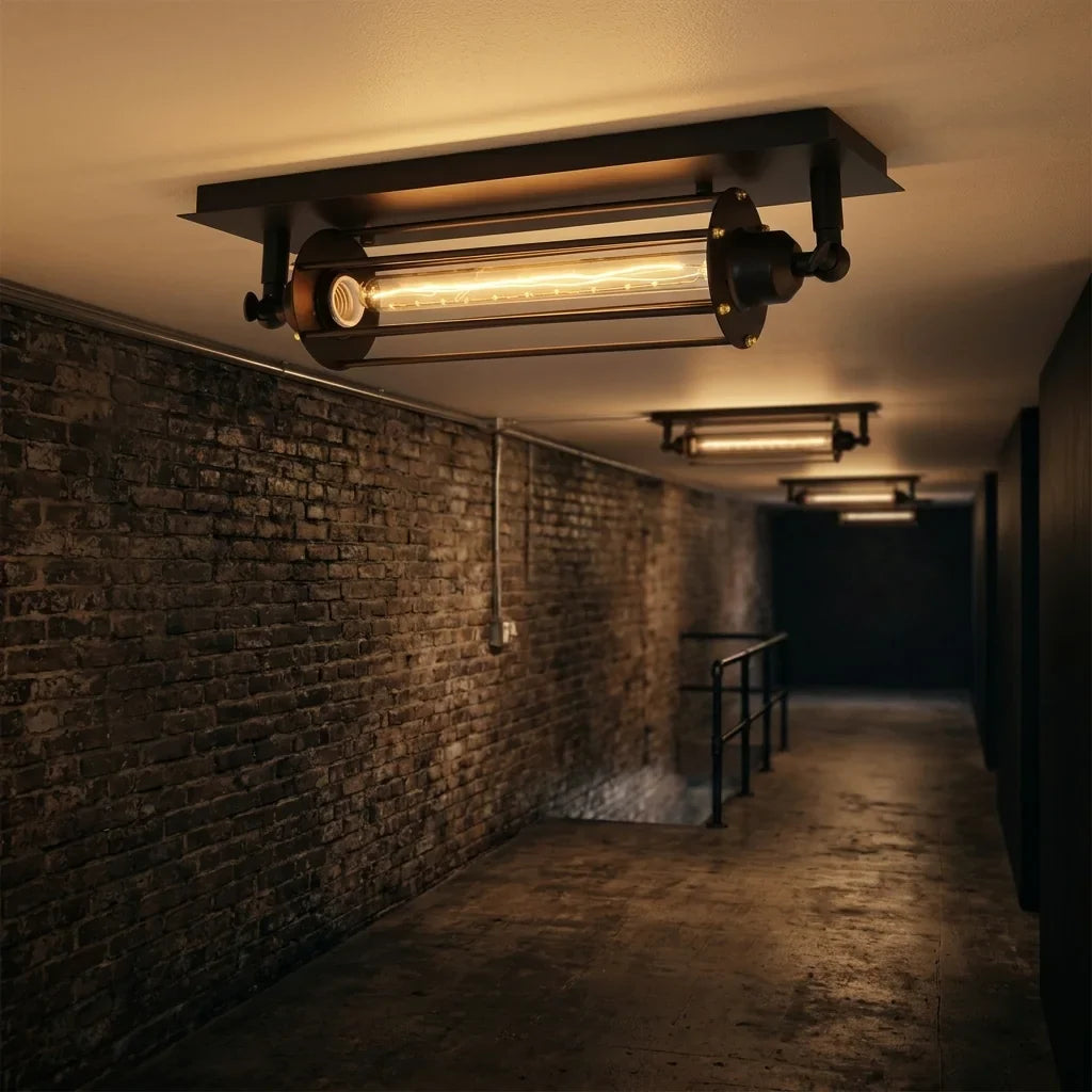 Plafonniers à un tube dans un couloir de loft en brique