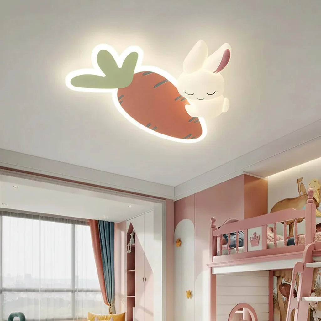 Plafonnier lapin et carotte dans une chambre avec lit superposé