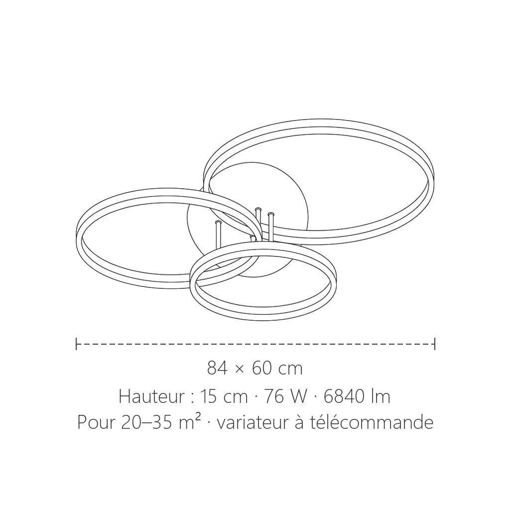 Dimensions du plafonnier LED 3 anneaux : 84 × 60 × 15 cm